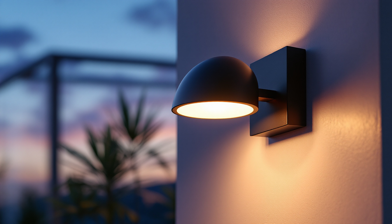 A photograph of a beautifully designed exterior led light fixture illuminating a stylish outdoor space at dusk