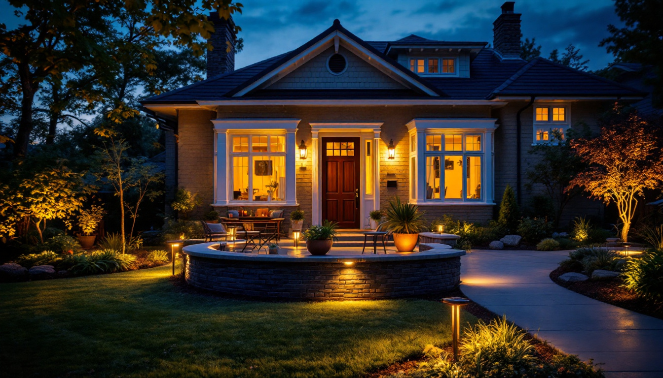 A photograph of a beautifully illuminated outdoor space featuring various styles of outdoor lights