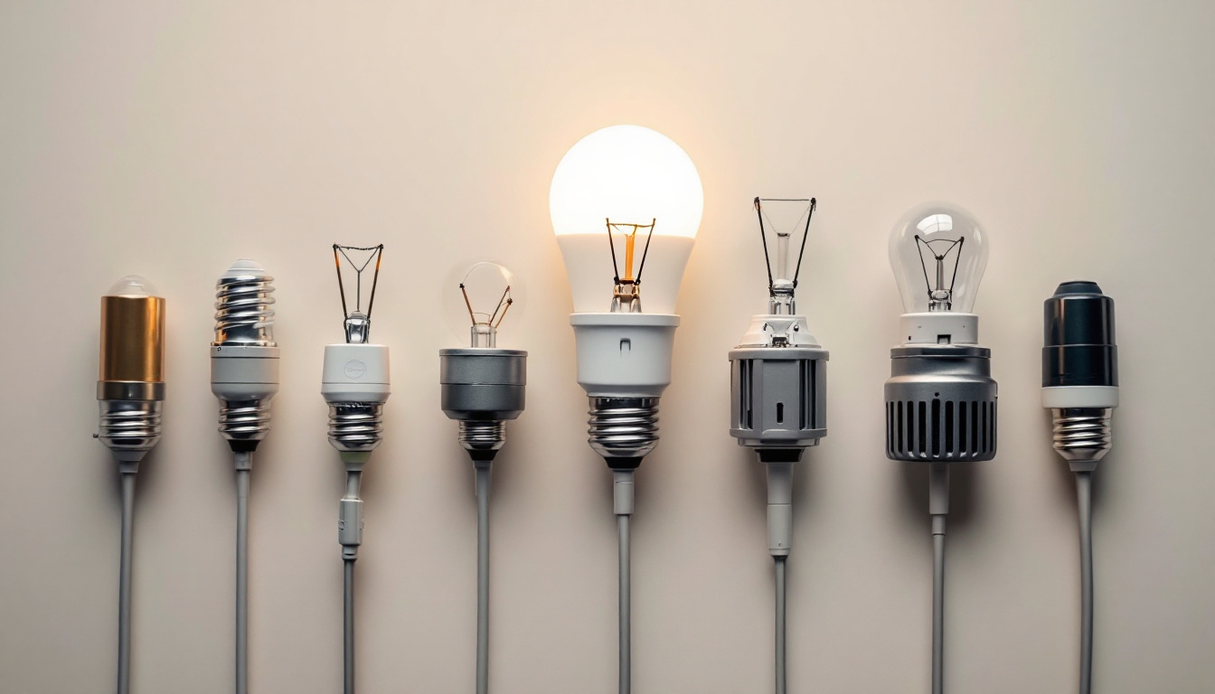 A photograph of a close-up view of various light bulb connector types arranged aesthetically on a neutral background