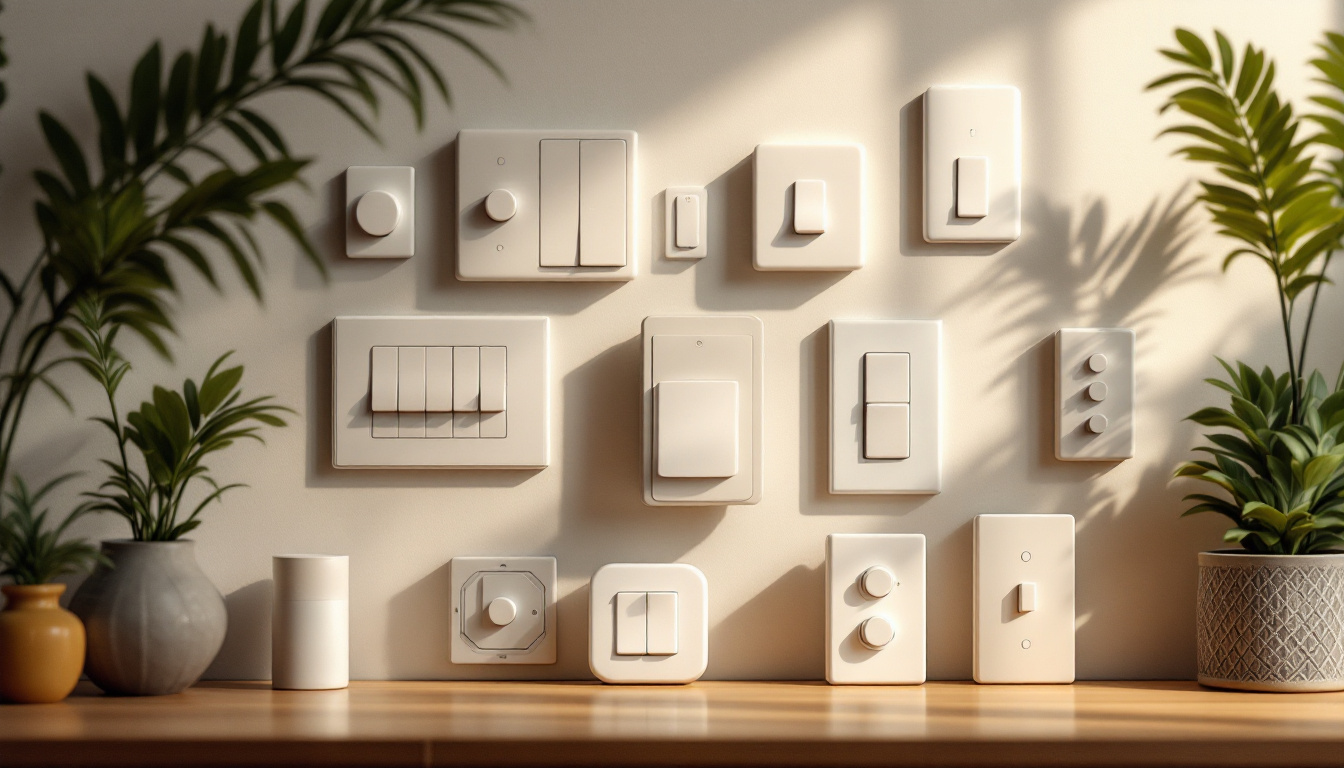 A photograph of a variety of light switch types displayed in an aesthetically pleasing arrangement