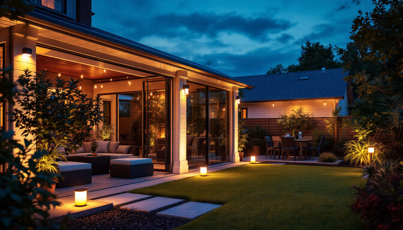 A photograph of a beautifully illuminated backyard scene at dusk
