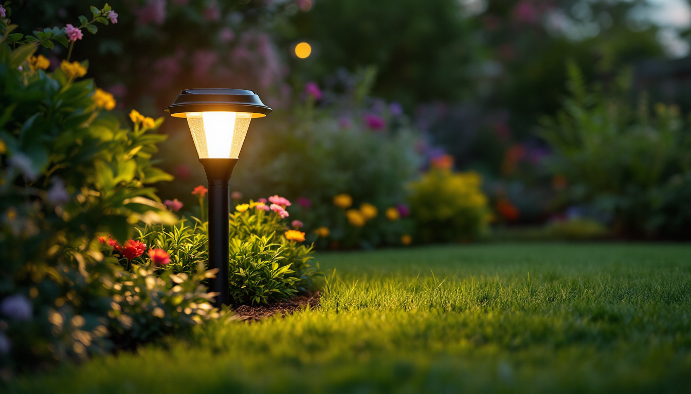 A photograph of a beautifully designed lawn solar light illuminating a vibrant garden at dusk