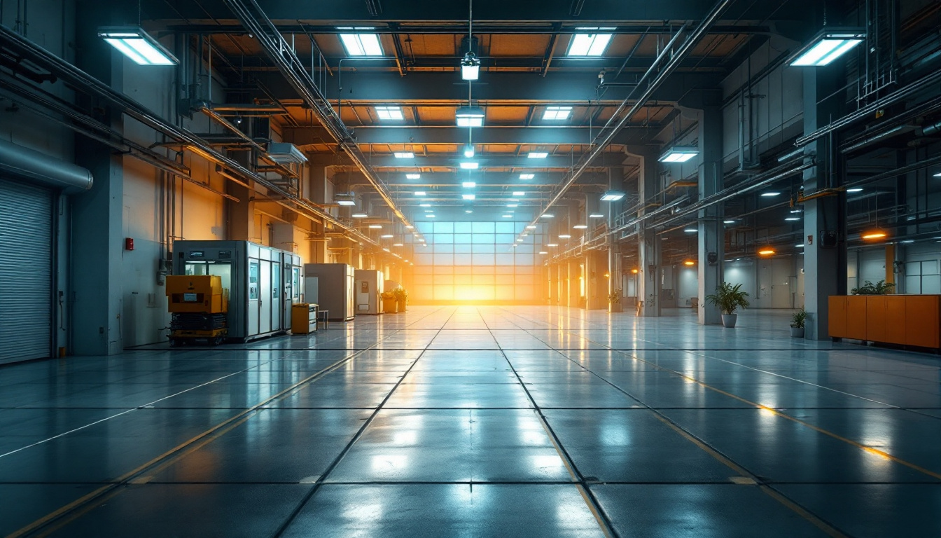A photograph of a well-lit industrial or commercial space showcasing high intensity discharge lighting in action