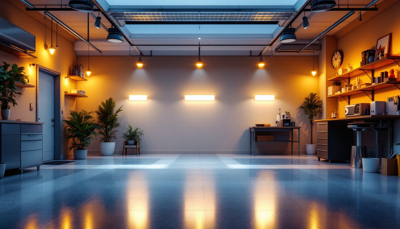 A photograph of a well-lit garage showcasing various lighting solutions