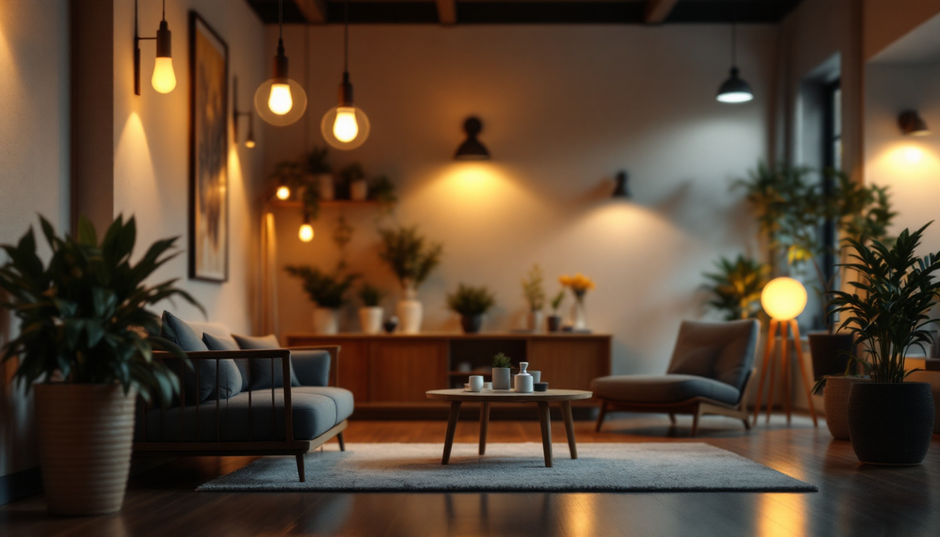 A photograph of a well-lit interior space showcasing various led bulbs and fixtures in use