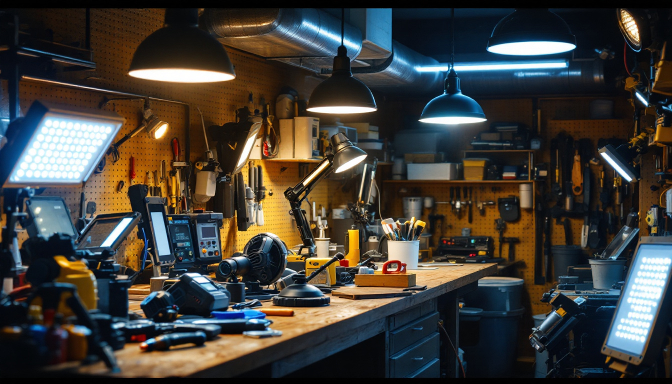 A photograph of a well-lit workshop or garage showcasing various led shop lights in use