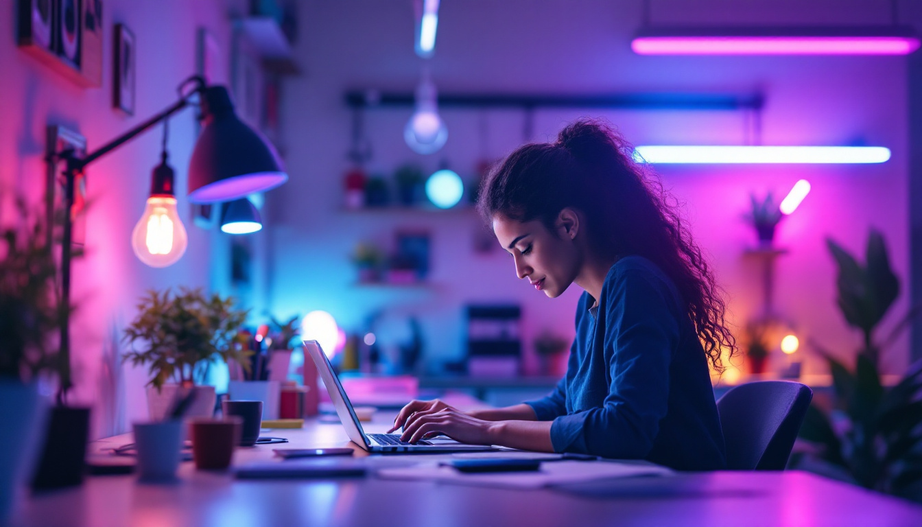 A photograph of a well-lit workspace featuring various types of fluorescent light bulbs in use