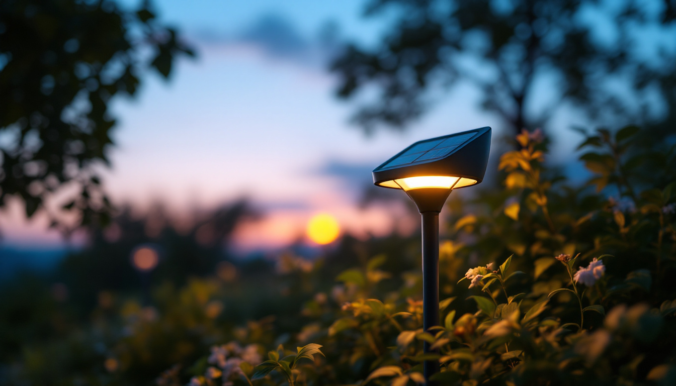 A photograph of a beautifully illuminated outdoor scene featuring a stylish solar-powered lamp in use at dusk