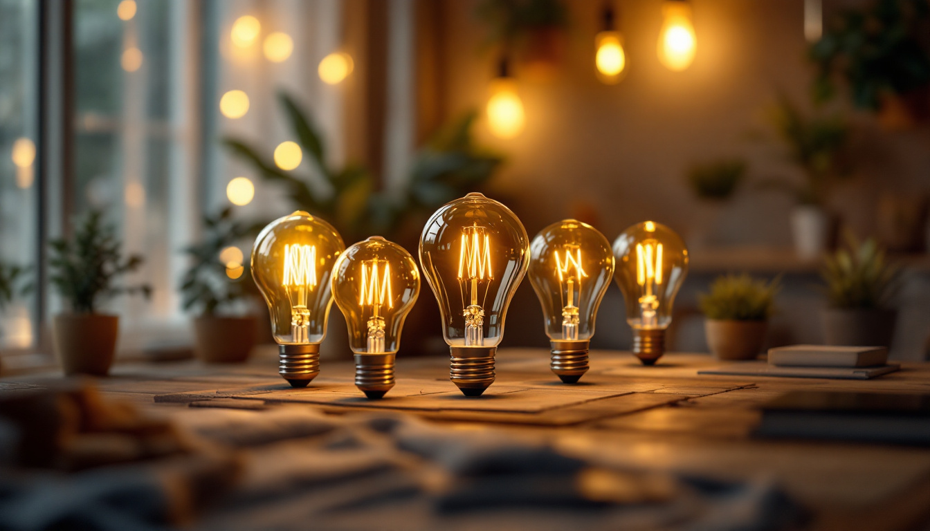 A photograph of a creatively arranged scene showcasing various innovative applications of type b light bulbs with e27 bases