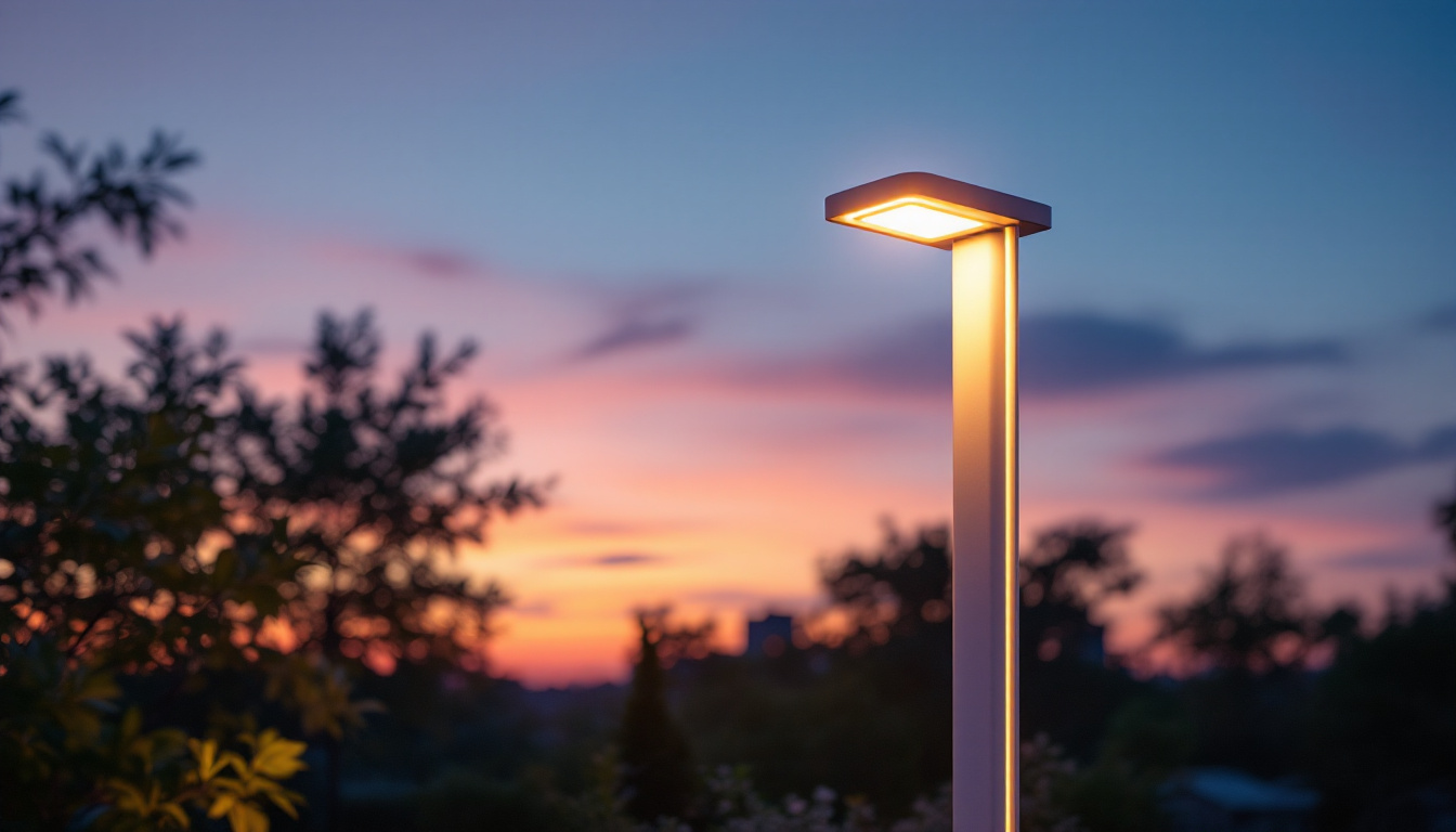 A photograph of a modern outdoor lamp post illuminated at dusk