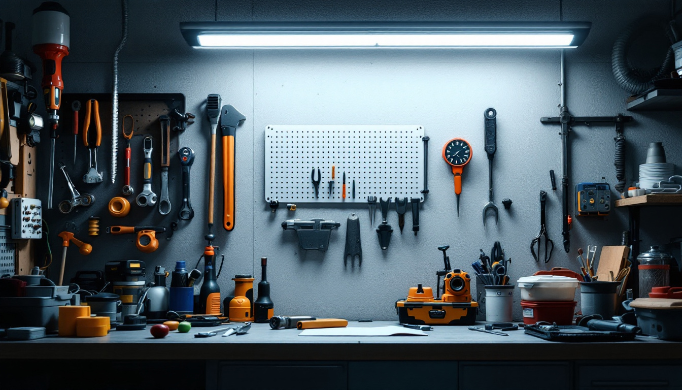 A photograph of a well-lit workshop or garage space showcasing the 4-foot led shop light in action