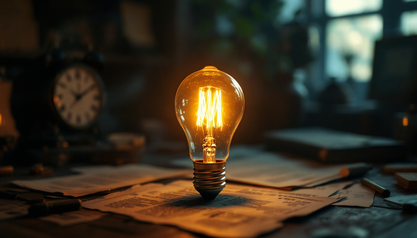 A photograph of a vintage light bulb glowing warmly in a dimly lit room