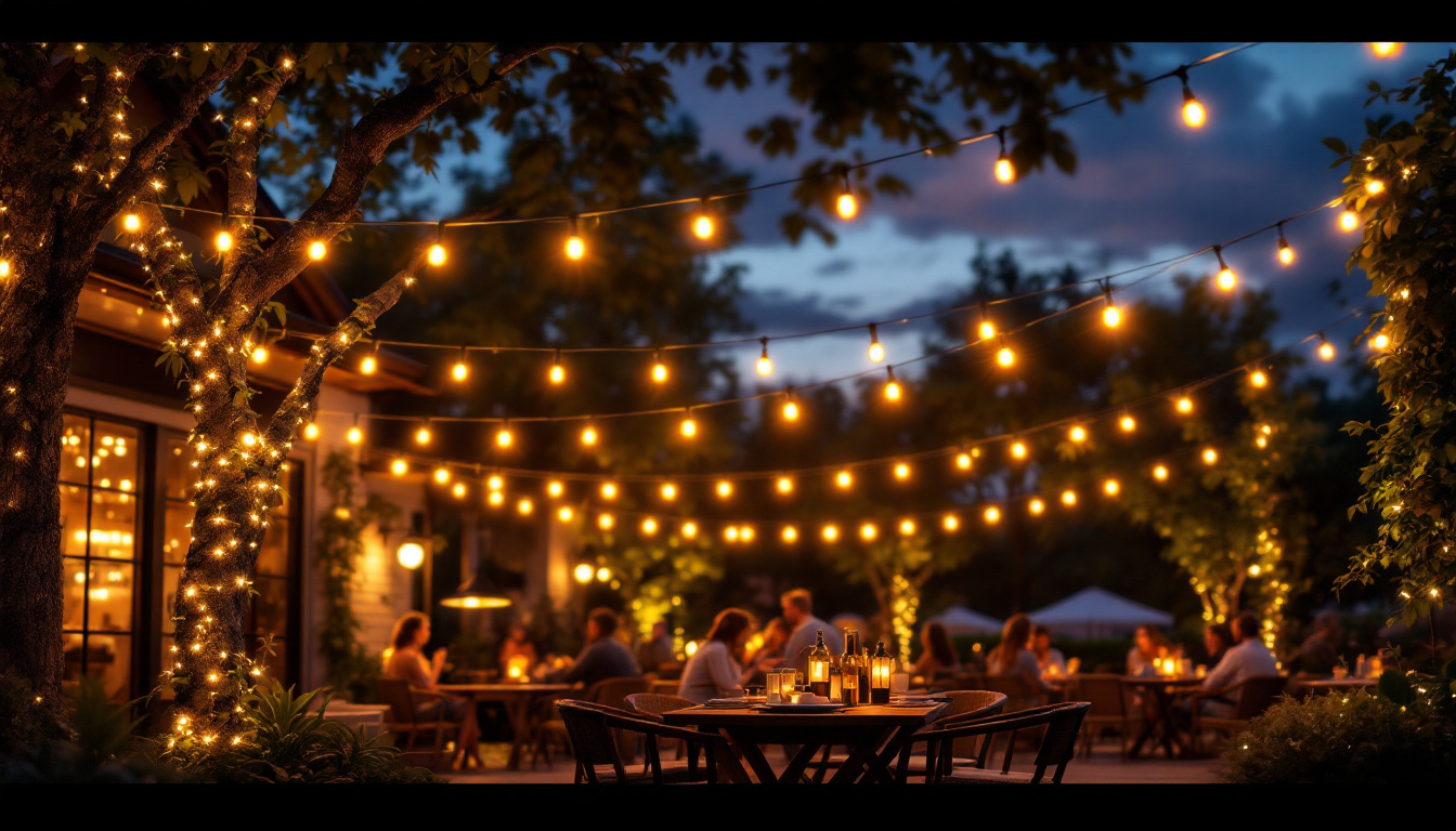 A photograph of a beautifully illuminated outdoor space featuring various styles of string lighting