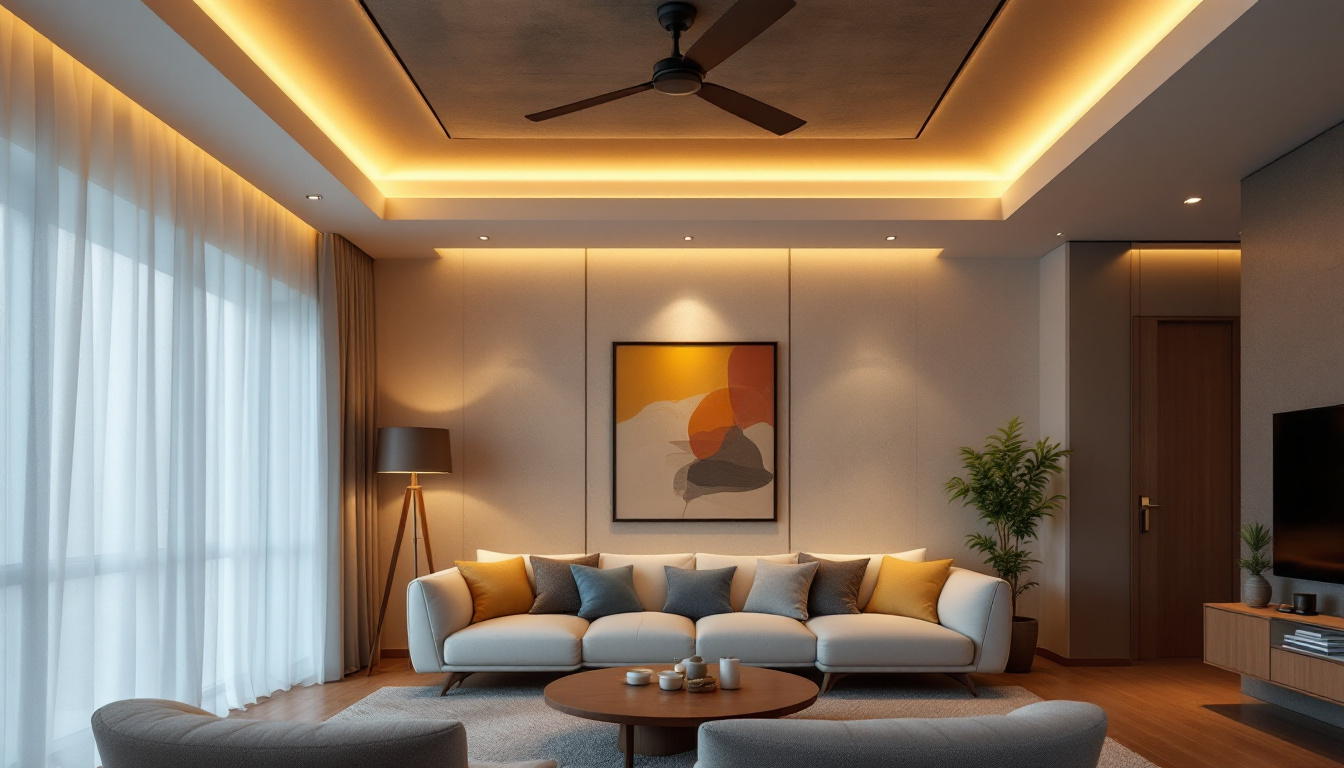 A photograph of a beautifully designed living room showcasing elegant ceiling lights that illuminate the space