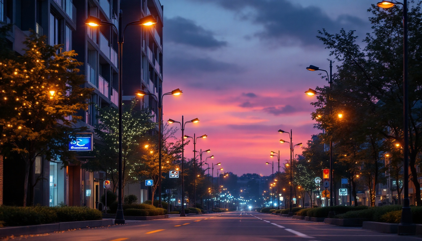 A photograph of a well-lit urban street scene featuring a variety of lighting poles in use