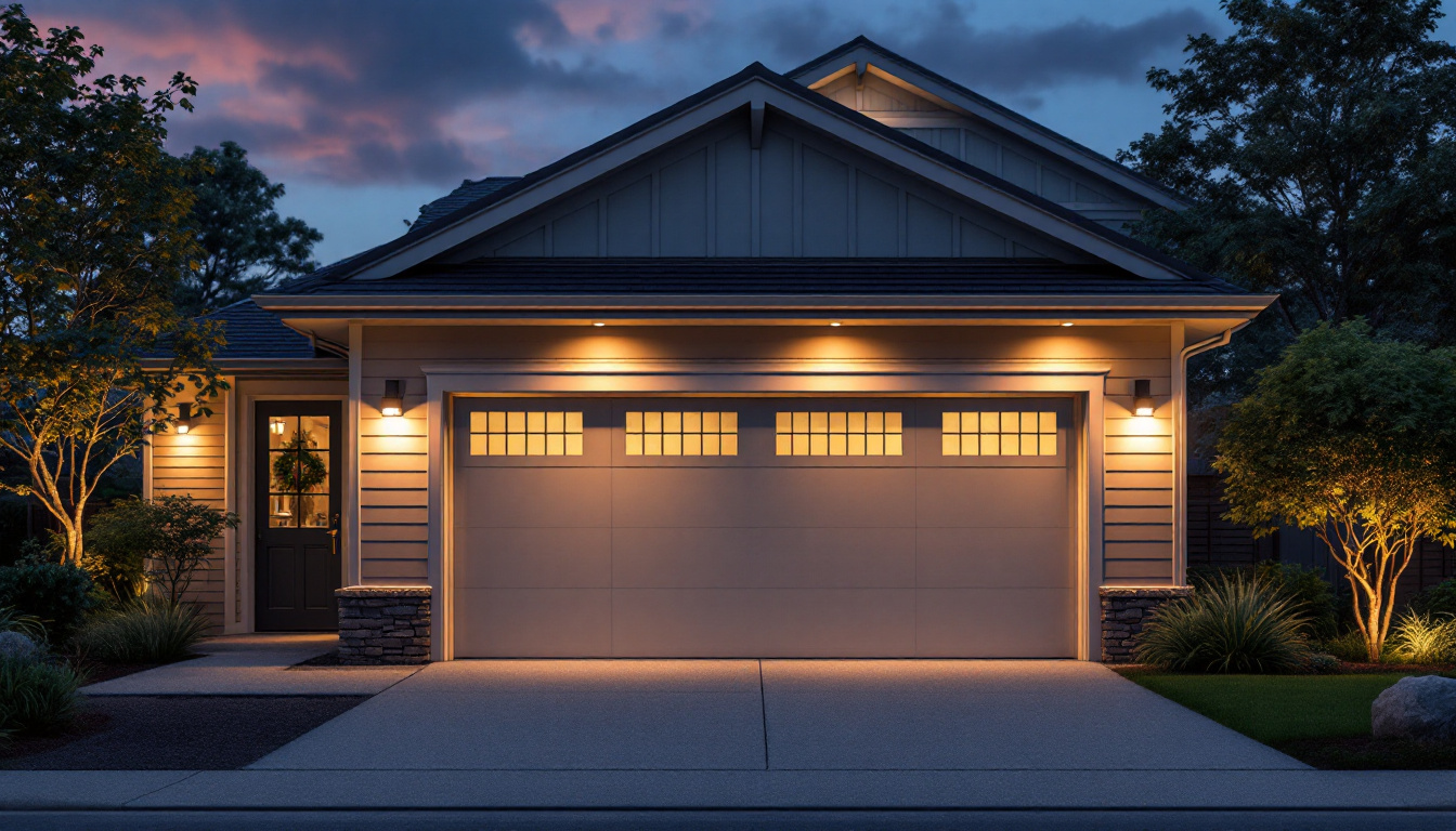 A photograph of a well-lit garage exterior at dusk