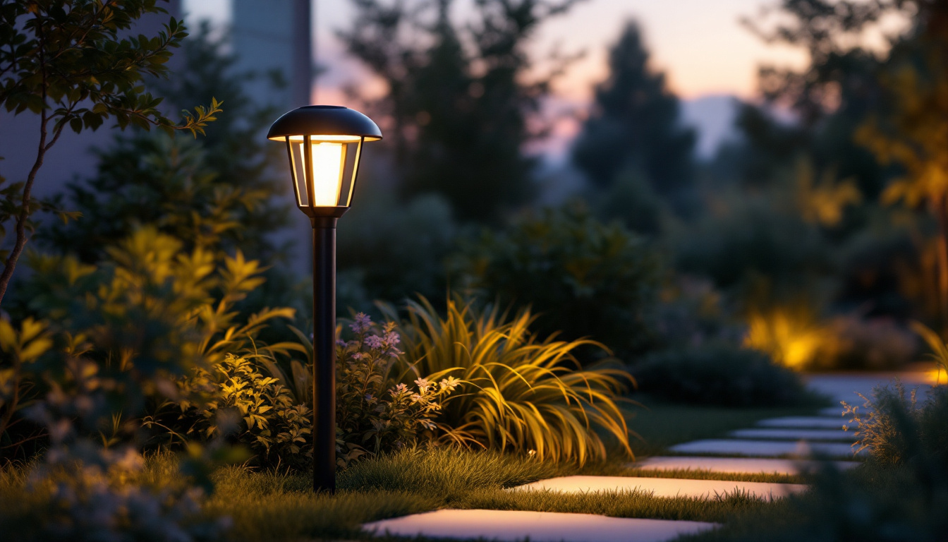 A photograph of a beautifully designed solar yard lamp illuminating a garden at dusk