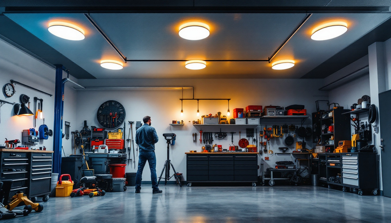 A photograph of a well-lit garage featuring modern led ceiling lights