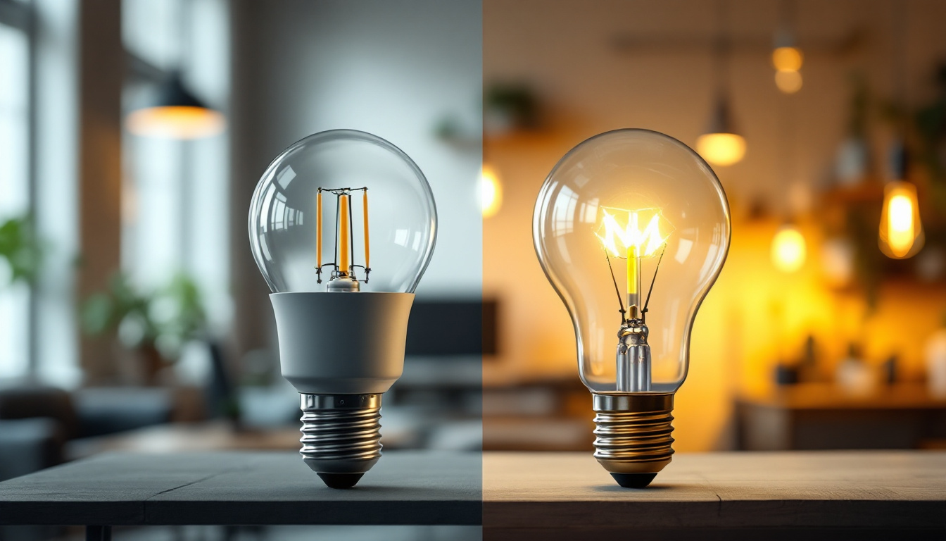 A photograph of a side-by-side comparison of a fluorescent bulb and an led bulb