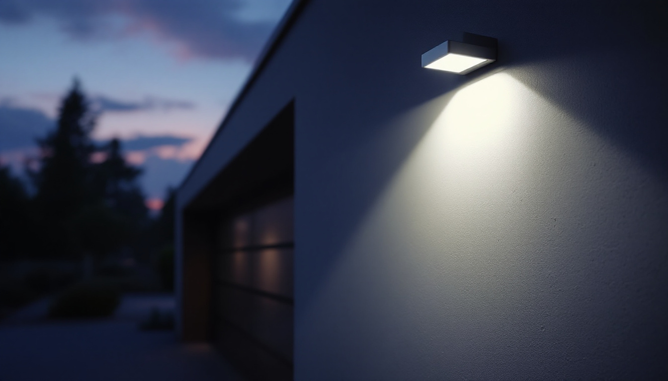A photograph of a stylish outdoor garage light illuminating a sleek