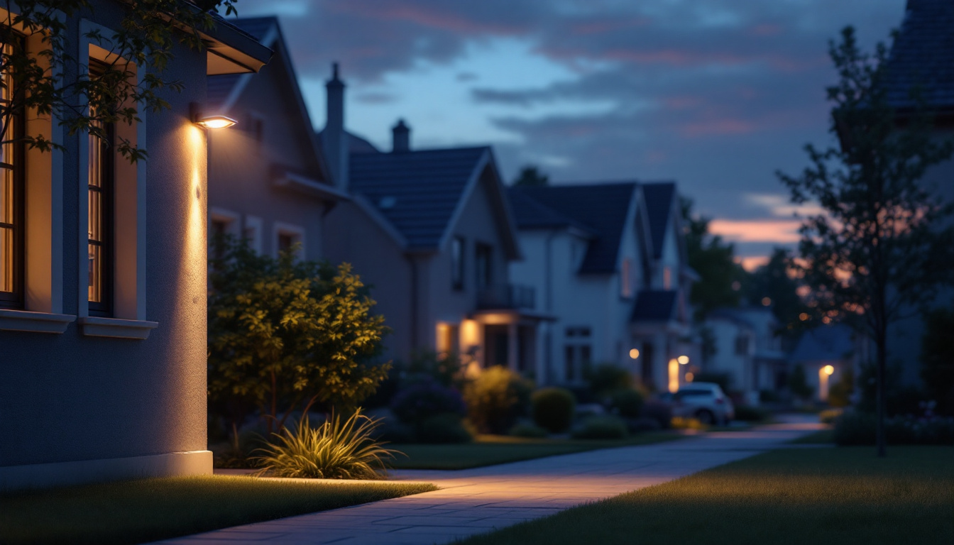 A photograph of a well-lit outdoor space featuring security flood lights illuminating a residential area at dusk
