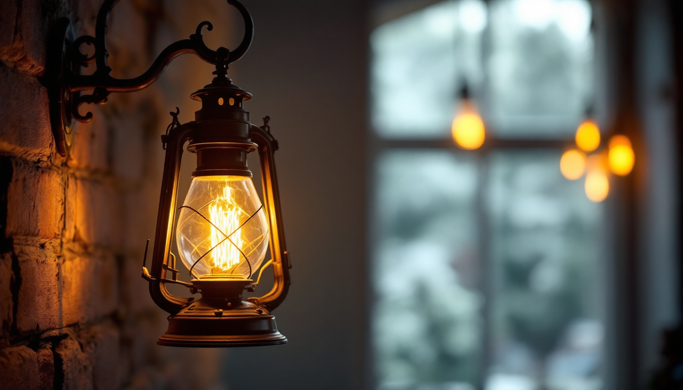 A photograph of a vintage gas light lamp glowing warmly in a dimly lit setting