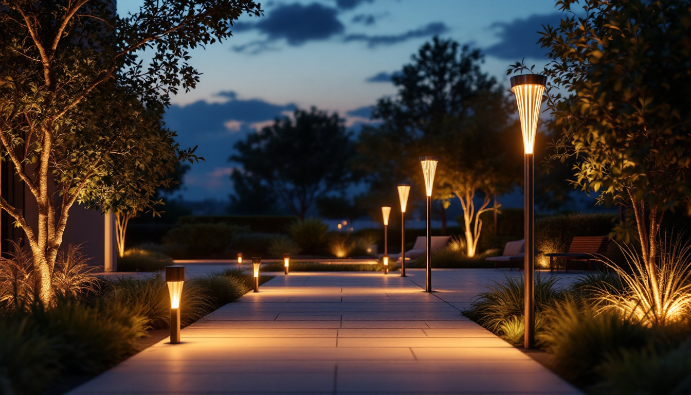 A photograph of a modern outdoor space illuminated by sleek