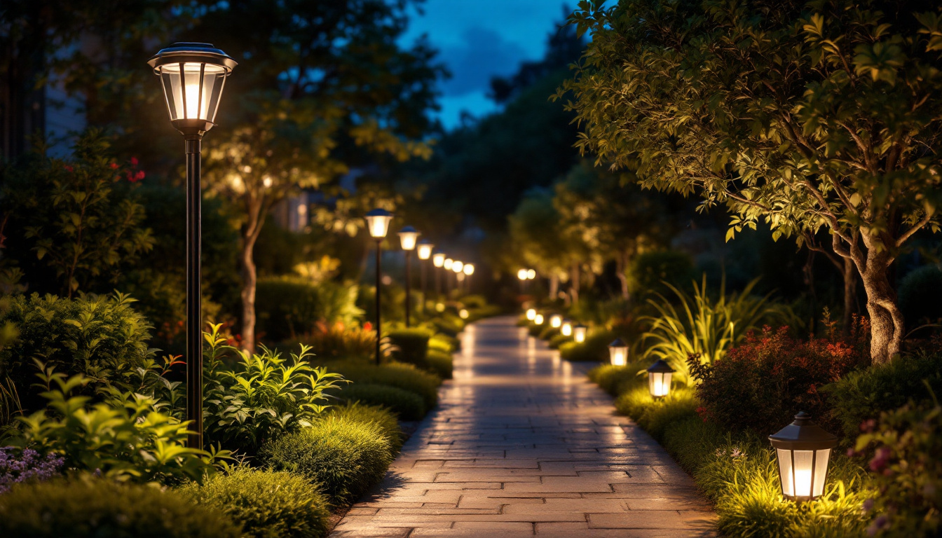 A photograph of a beautifully illuminated outdoor space featuring various styles of solar post lamps in action