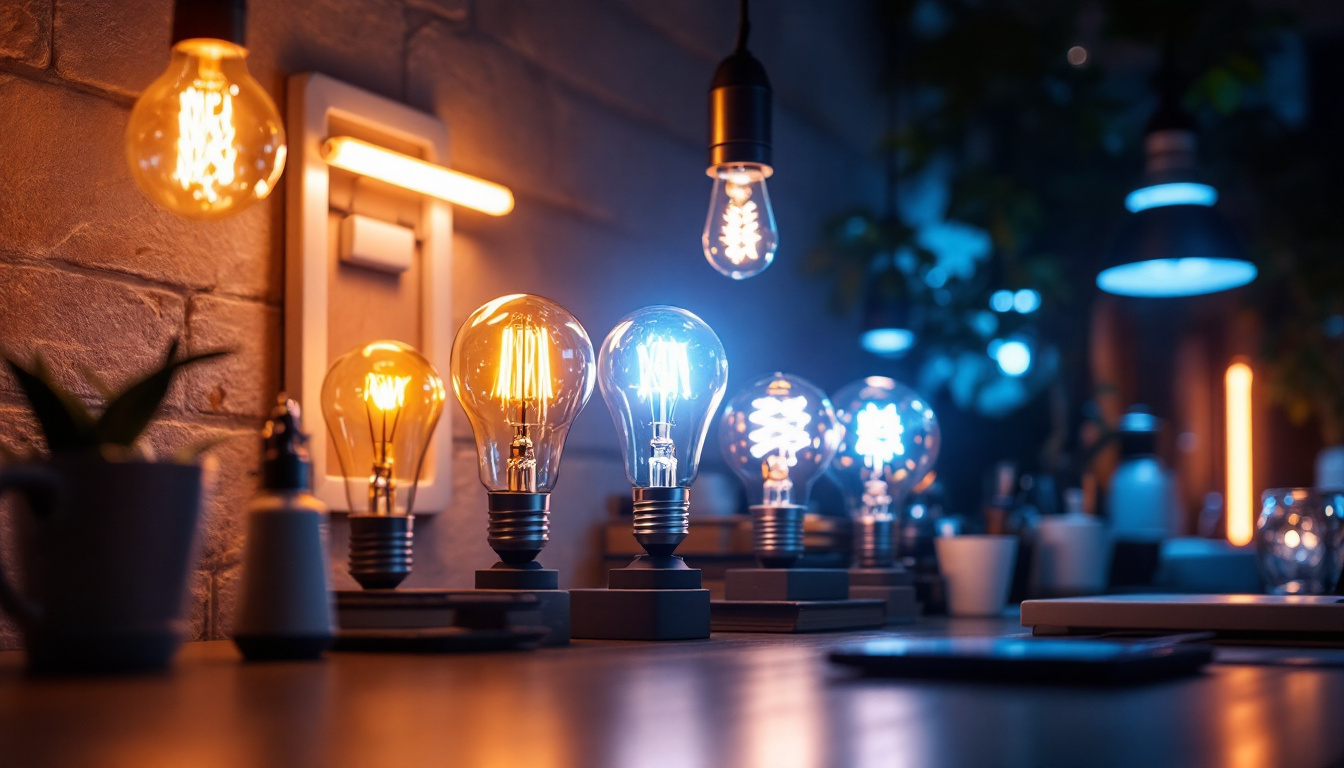 A photograph of a dynamic scene showcasing various types of electrical light sources—such as incandescent bulbs