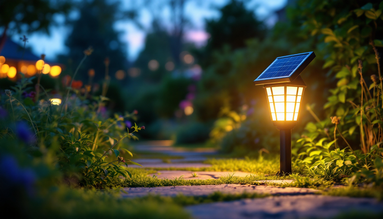 A photograph of a vibrant outdoor scene showcasing a solar-powered led light illuminating a garden or pathway at dusk