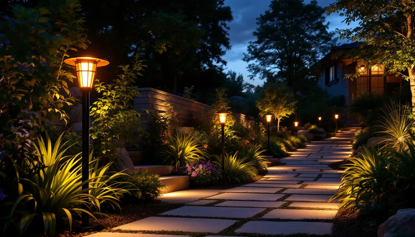 A photograph of a beautifully landscaped garden at dusk