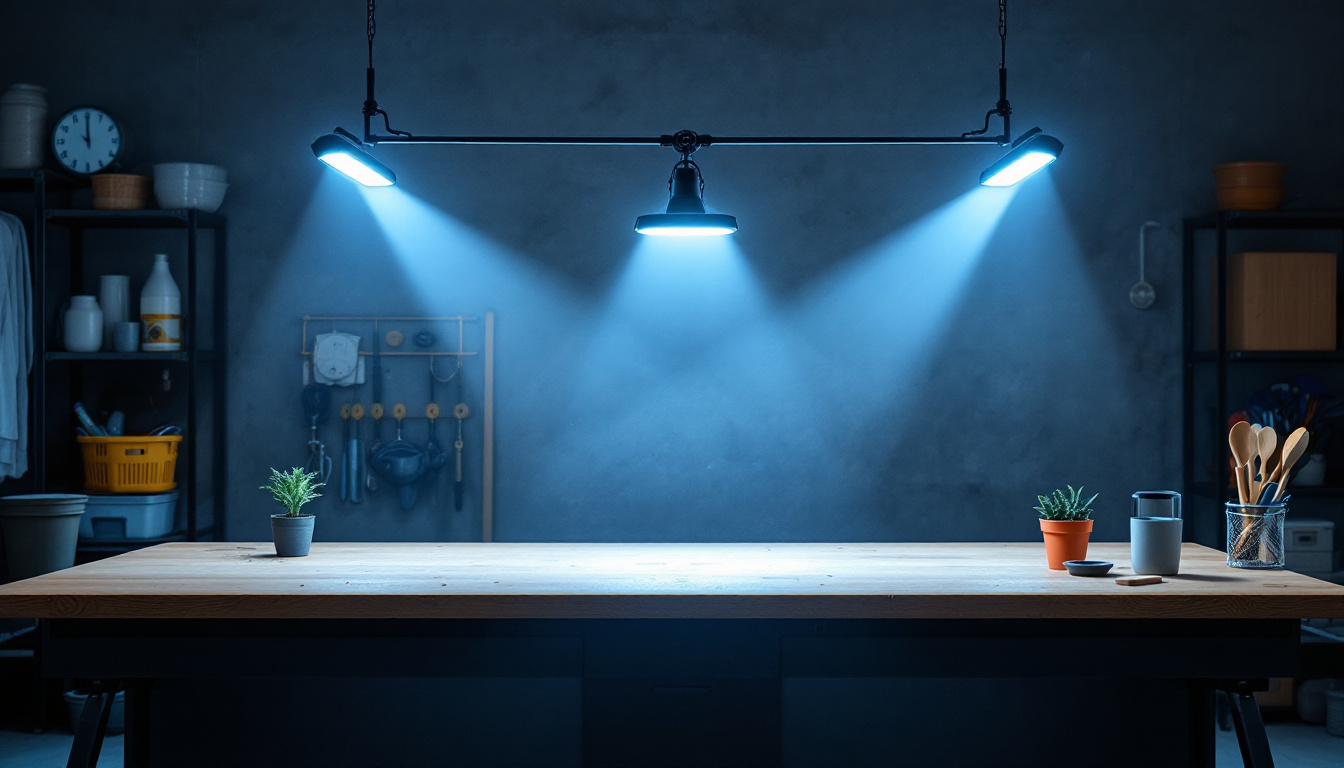 A photograph of a well-lit workshop or garage space showcasing 4 ft led shop lights in action