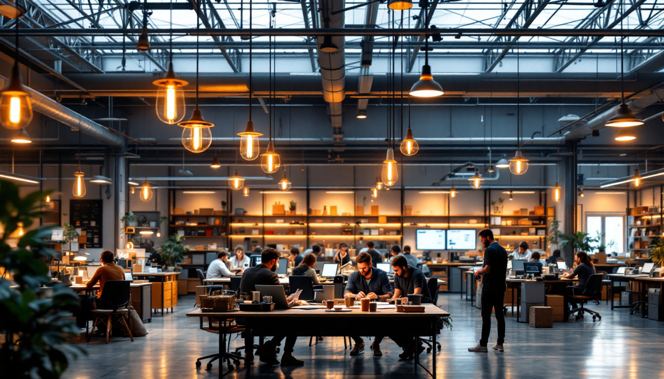 A photograph of a modern workplace and warehouse setting that showcases innovative lighting fixtures