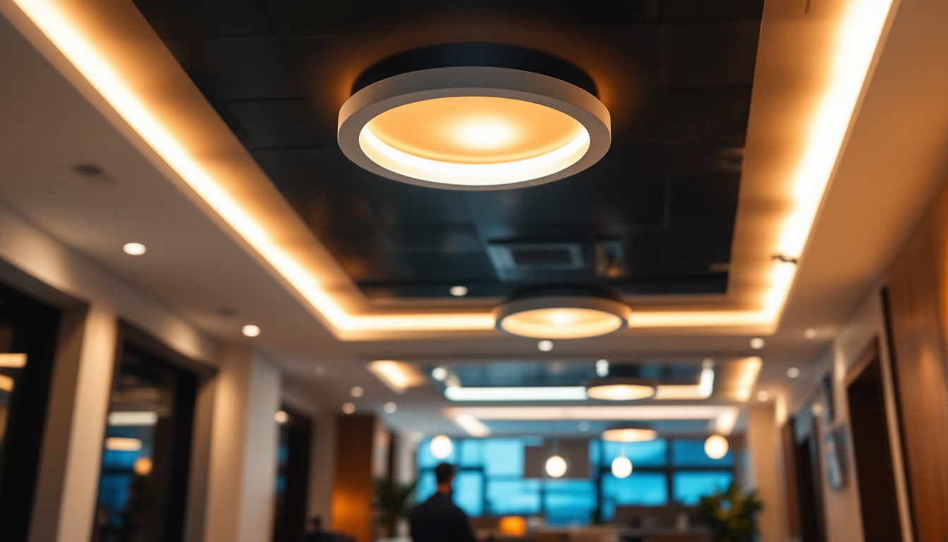 A photograph of a modern recessed lighting installation showcasing electronic ballasts