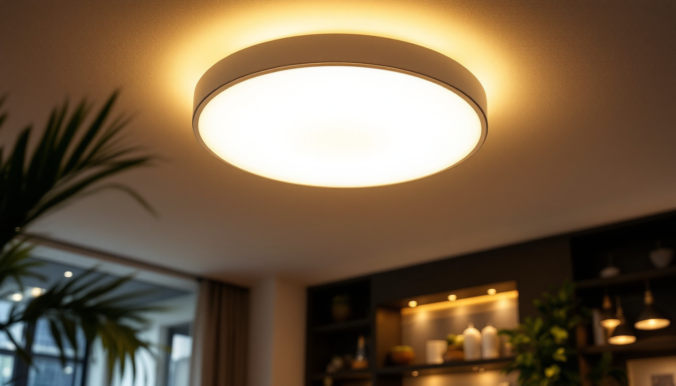 A photograph of a modern round ceiling light fixture in a stylish interior setting