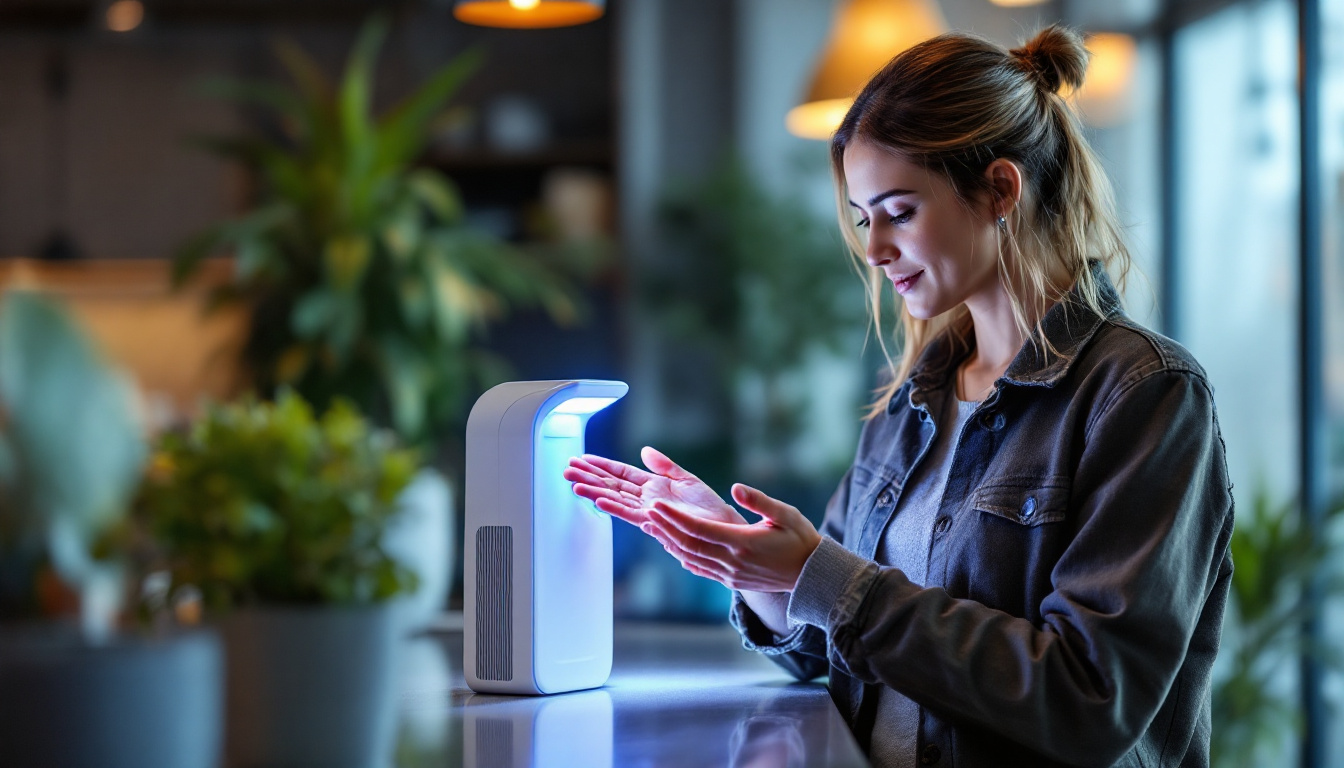 A photograph of a person actively using a uv hand sanitizer in a well-lit