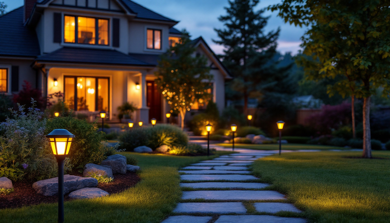 A photograph of a beautifully landscaped yard illuminated by various solar lights at dusk