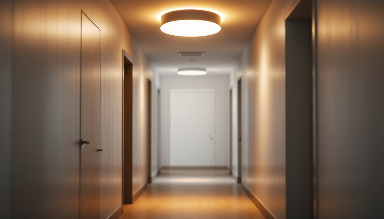 A photograph of a beautifully designed flush mount hallway light fixture illuminating a modern hallway