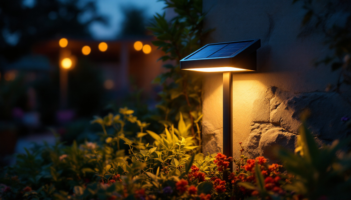 A photograph of a modern solar light illuminating a vibrant outdoor space