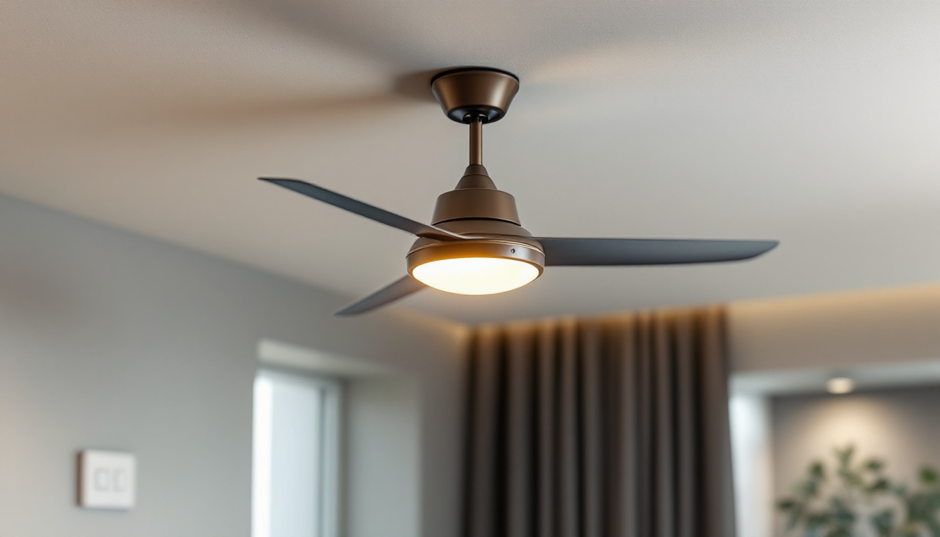 A photograph of a stylish ceiling fan with an integrated light fixture in a modern living room setting
