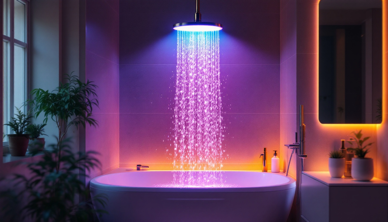 A photograph of a beautifully designed bathroom showcasing an led shower can light in action