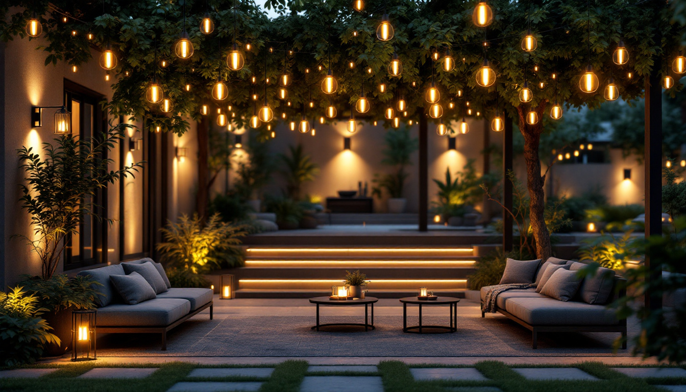 A photograph of a beautifully styled outdoor space featuring various external hanging lights that illuminate the area