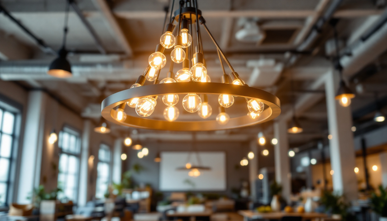 A photograph of a modern chandelier illuminating a spacious