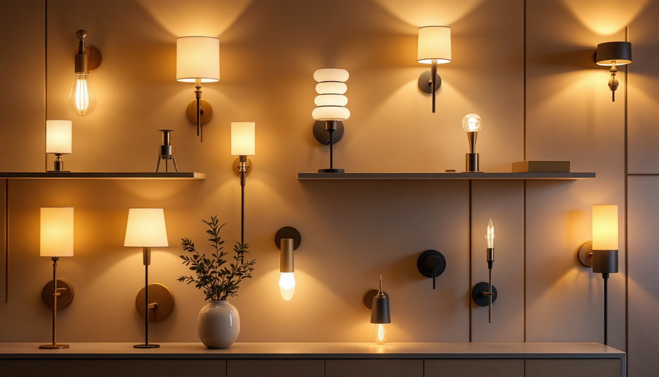 A photograph of a stylishly arranged display of various wall sconces in different styles and finishes