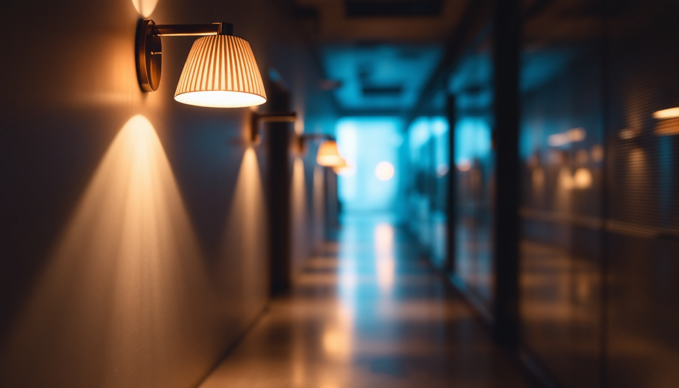A photograph of a well-lit hallway featuring stylish lamp fixtures that illuminate the space