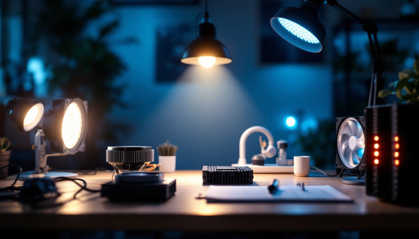 A photograph of capture a photograph of a well-lit workspace showcasing various led lights in use