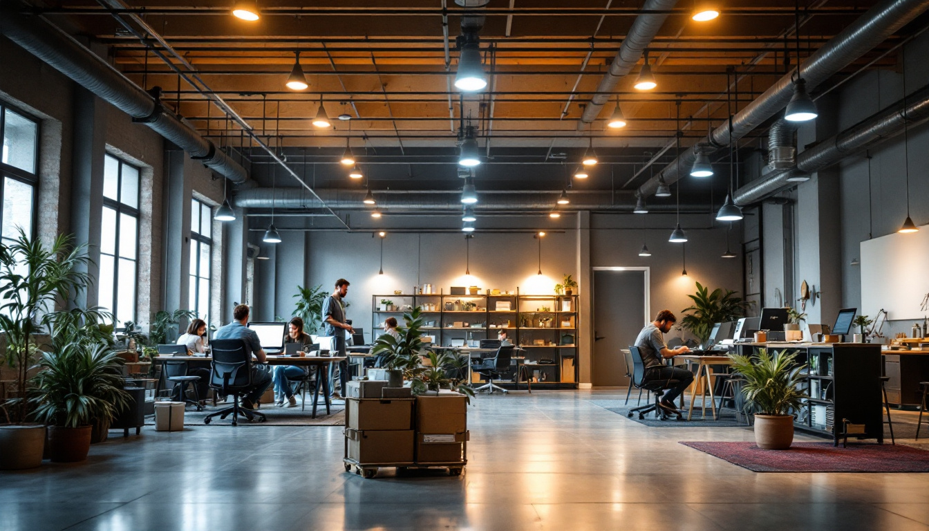 A photograph of a modern workspace or warehouse featuring newly installed recessed can lights