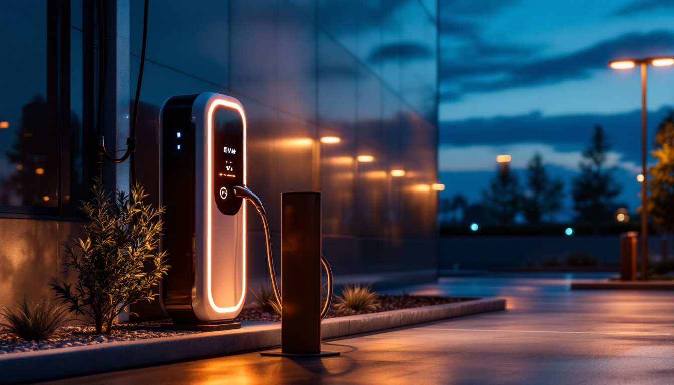 A photograph of a sleek commercial ev charger installed in a well-lit parking area