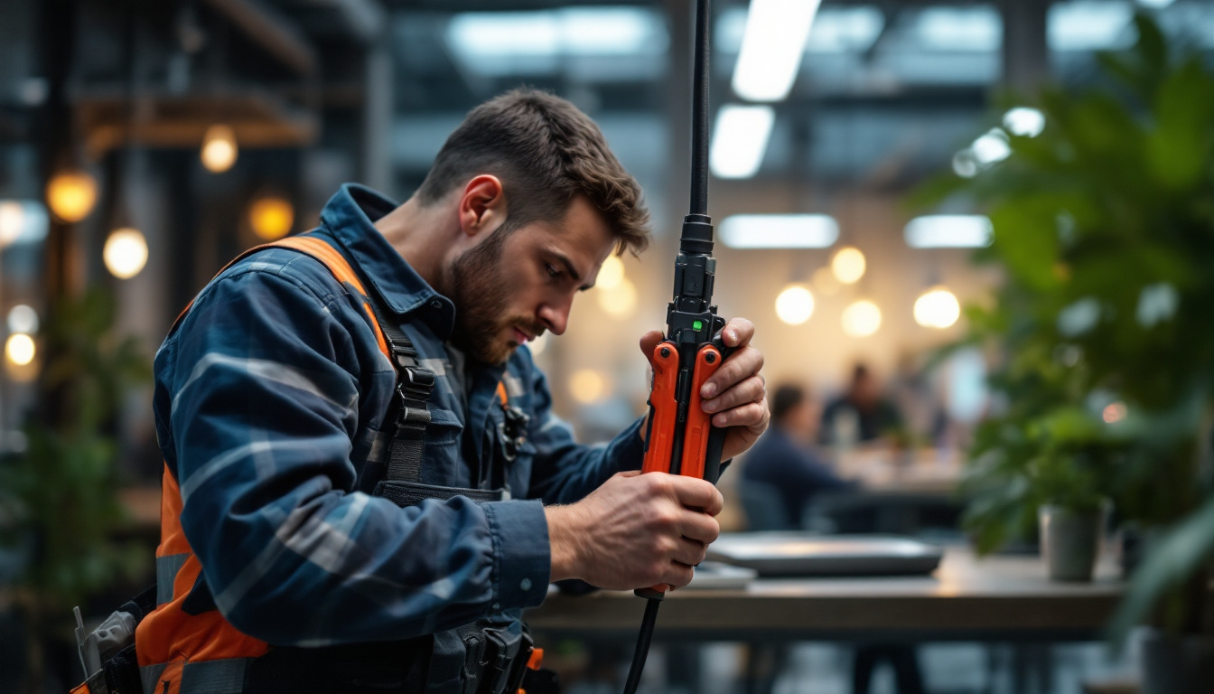 A photograph of a skilled technician using a cable puller to install energy-efficient lighting in a modern workspace