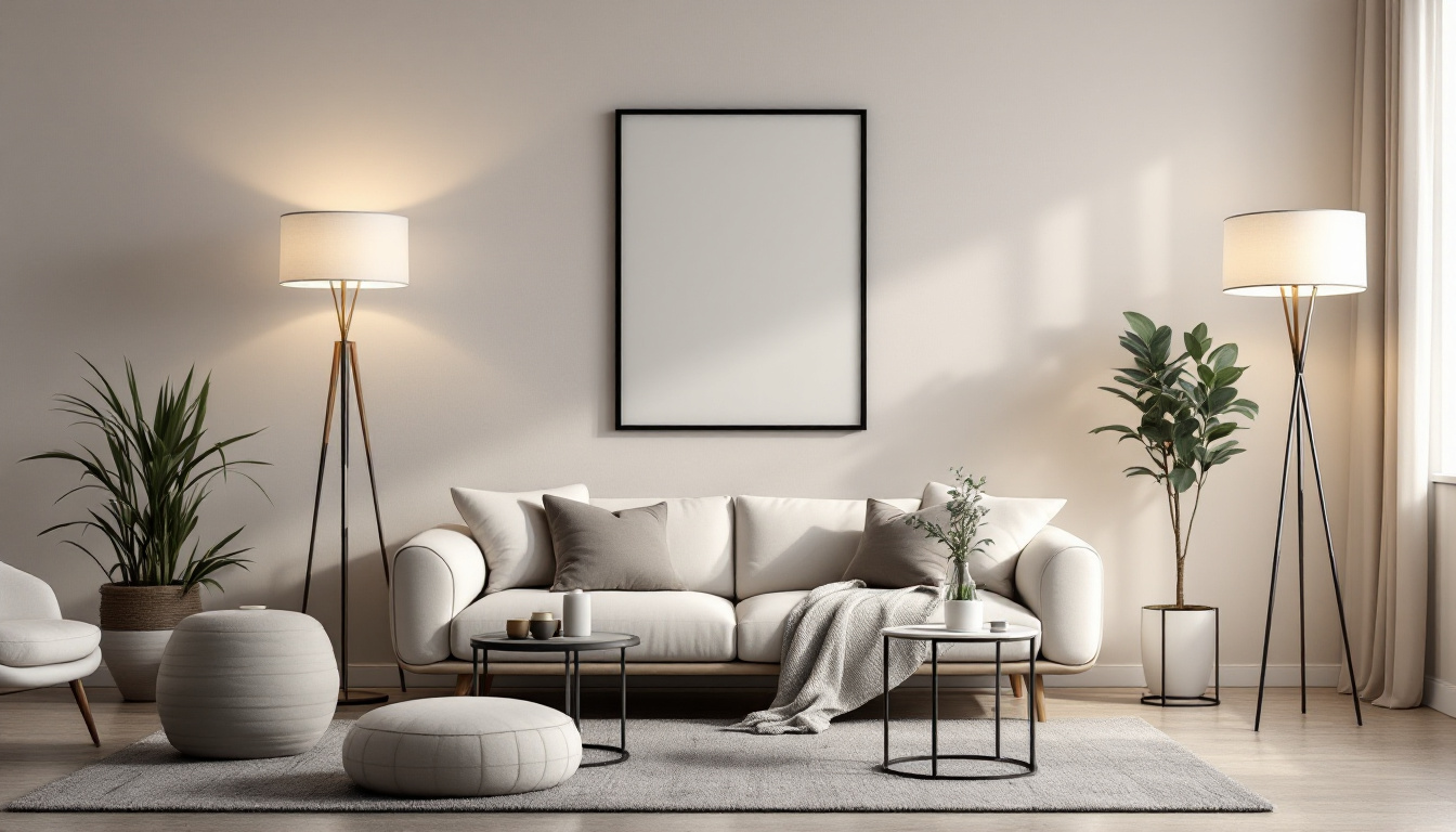 A photograph of a stylishly arranged living space featuring a variety of floor lamps on sale